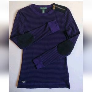 Ralph Lauren Top Striped Elbow Patch Suede Shoulder Zip Purple Black Pullover S